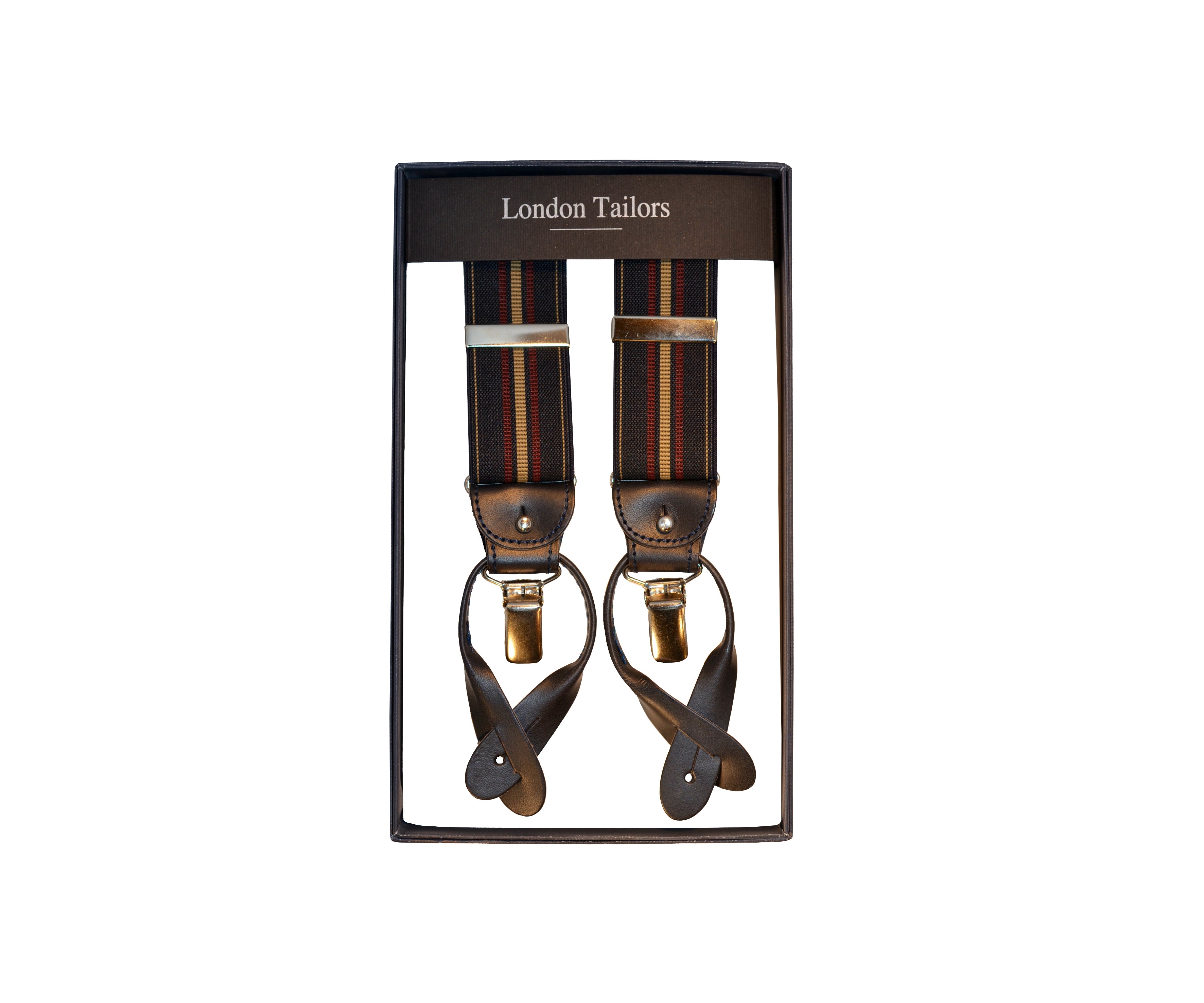 Bretele bleumarin cu dungi galbene si visinii